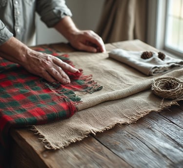 Burlap and plaid runners layered on a rustic wooden table.