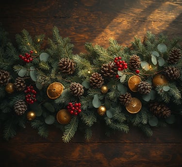 A pine garland with pinecones and red berries running through the center of a table. 