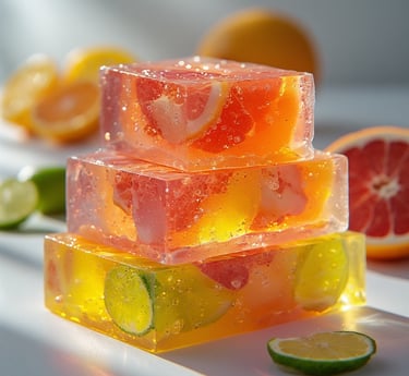 Neon orange and highlighter yellow handmade soap bars stacked and slightly offset. 