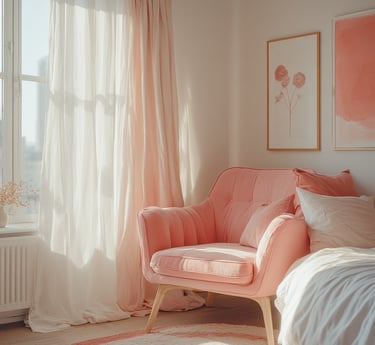 Rose pink accent chair in a bright modern bedroom