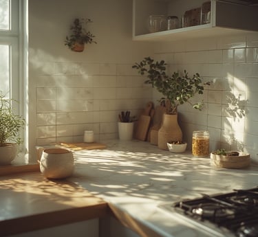 sunlit kitchen counter completely cleared, a single plant and candle for balance.