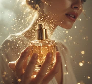 Close-up of a woman misting two different perfumes onto her collarbone for scent-stacking