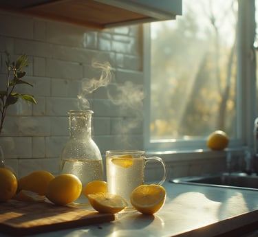  A minimalist kitchen counter at sunrise with a steaming mug of lemon water