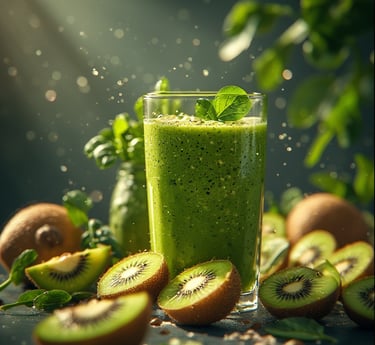 Bright green smoothie with spinach, kiwi, and avocado in morning light