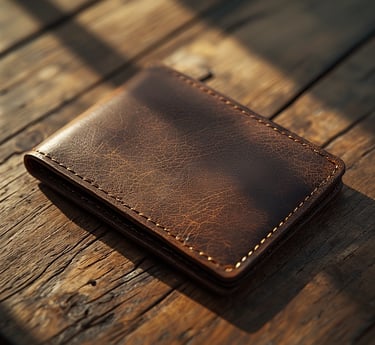 Close-up of a minimalist leather wallet resting on a wooden surface.