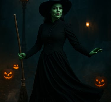 A dramatic woman dressed as Elphaba the Wicked Witch of the West poses in a long black gown.