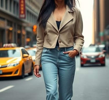 Indian woman in a cropped coat and wide-leg jeans on a busy New York street.