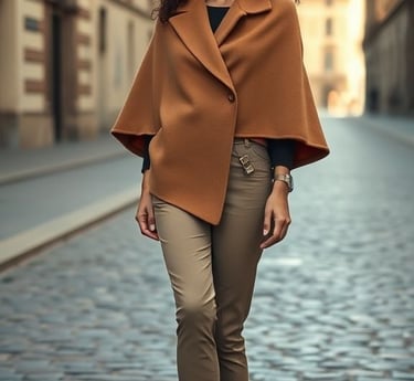 Middle Eastern woman in a camel cape and boots on a cobblestone piazza in Florence.