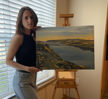 Angela Moiseieva with her work 'Reflections of Tranquility' 18х24 inches  the Columbia River