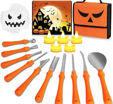 Complete Halloween pumpkin carving kit with 11 orange-handled stainless steel tools, 4 battery-opera