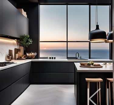 Moderne Küche mit schwarzen Möbeln, Meerblick und minimalistischem Design.