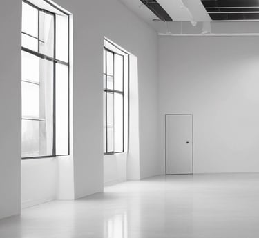 Black and white minimalist workspace with art tools and a computer displaying sleek graphic design.