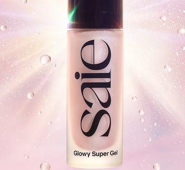 Saie Glowy Super Gel bottle with radiant shimmer and pastel glow