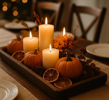 Thanksgiving table decoration with dried wheat, pampas, mini pumpkins, and candles.