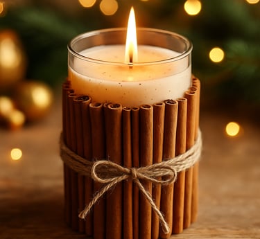 Handmade cinnamon stick candle in a glass jar, tied with rustic twine and glowing softly on a wooden