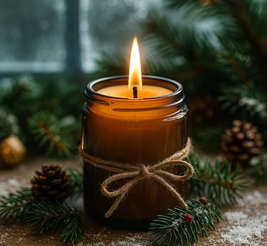Beeswax candle in an amber glass jar glowing warmly among pine needles, cedar cones, and light snow