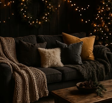 Cozy dark boho Christmas sofa with throws, pillows, and warm fairy lights.