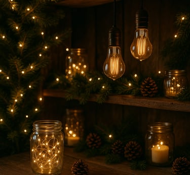 Boho Christmas shelf with glowing Edison bulbs, fairy lights in jars, pinecones, and greenery 