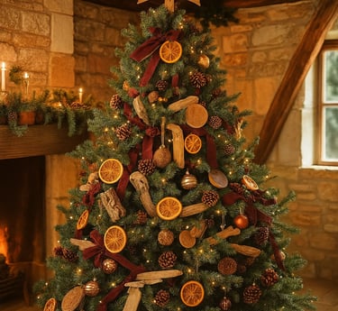 Cottagecore Christmas ornaments with lace ribbons and dried oranges on a cozy, vintage-style tree.