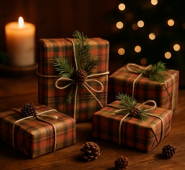 Rustic plaid Christmas gifts with pine sprigs and twine on a wooden table with candlelight.