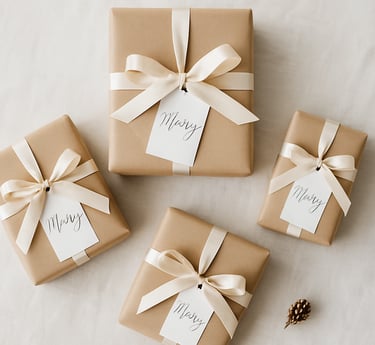 Minimalist kraft paper Christmas gifts with beige ribbons and white calligraphy tags 