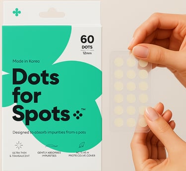 Dots for Spots pimple patch product box with patches on the left and manicured hands 