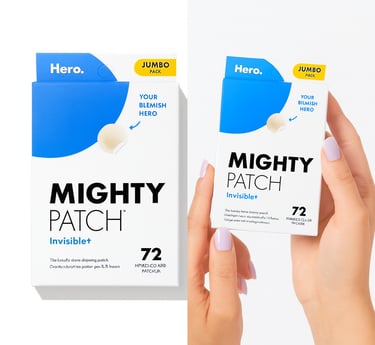 Hero Mighty Patch Invisible+ pimple patch packaging and manicured hands holding the pimple patch