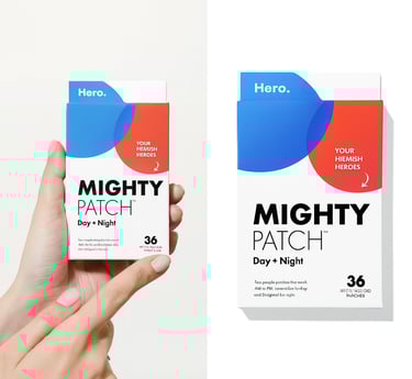 Hero Mighty Patch Day + Night pimple patch packaging and manicured hands holding the pimple patchi