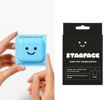 Starface Hydro-Star pimple patch packaging on the right and manicured hands holding Starface compact
