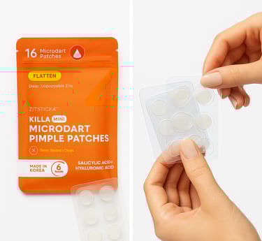 ZitSticka KILLA Mini Microdart Pimple Patches package and hands holding a pack of pimple patches