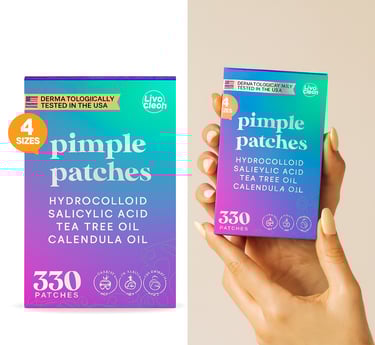 LivaClean Pimple Patches product packaging and hands holding the LivaClean pimple patches