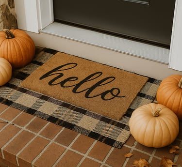 Close-up of layered plaid rug and “hello” coir doormat framed by white and orange pumpkins