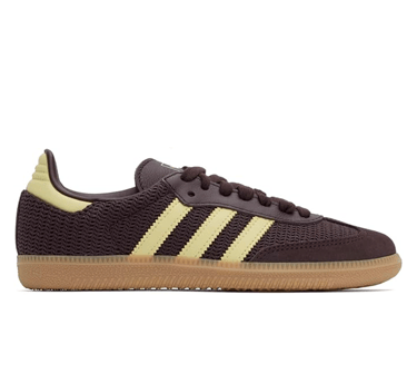Adidas Samba sneaker in chocolate brown with cream stripes and gum sole, styled for women’s fall str