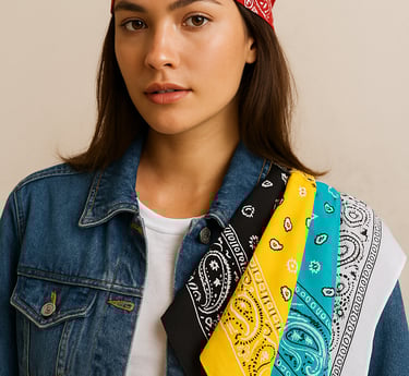 young woman with a set of colorful bandanas
