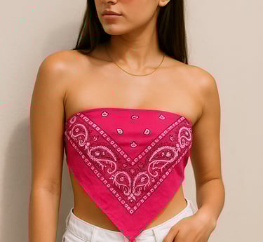 young woman wearing a pink bandana as a fashion top