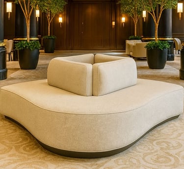 Unique wave-shaped banquette with plush beige upholstery and layered backrests, custom designed by Solo Home Décor.