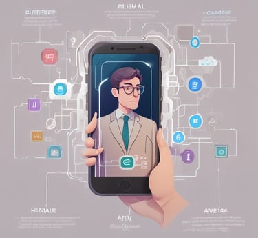 A sleek smartphone glowing with neon blue and purple gradients, displaying a futuristic AI interface with voice waveforms and floating data icons.