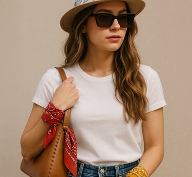 young woman with hat and bandanas as a bracelet and purse decor
