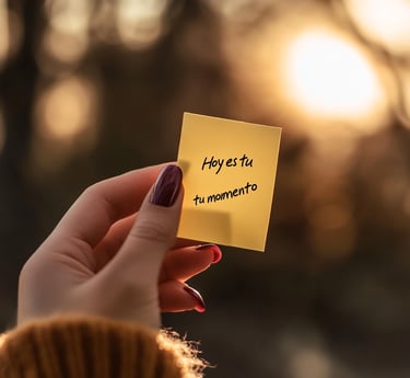 Mano femenina sostiene nota con frase "Hoy es tu momento", representa inspiración y empoderamiento para emprender.