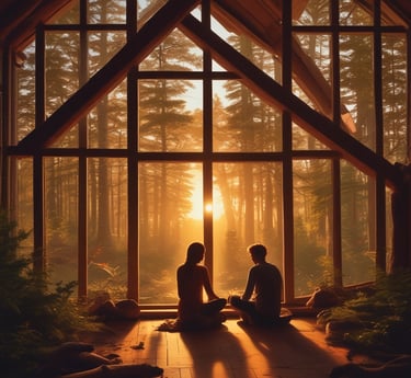 A peaceful moment showing a person gently guiding another with calm body language in a warm, inviting space.