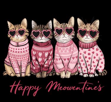 three cats wearing sweaters and sunglasses with hearts on them