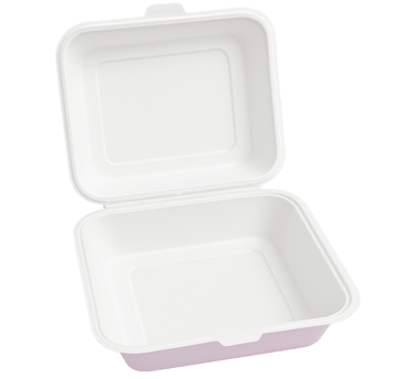 Large 9x9 inch compostable sugarcane clamshell container.