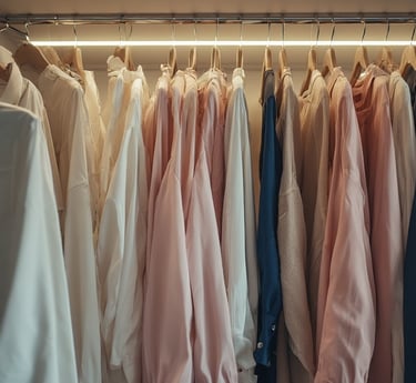 An elegant, color-coordinated closet with soft LED lighting. 