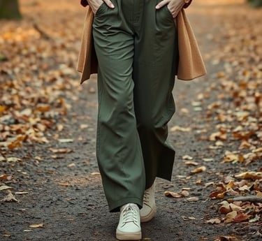 Scandinavian woman in camel coat and earthy tones walking a forest path in fall.