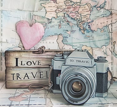 Vintage camera with "to travel" sign and map, perfect for wanderlust enthusiasts.