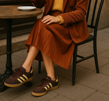 Woman at a café table in a rust pleated skirt, mustard sweater, and matching hat, sipping coffee whi