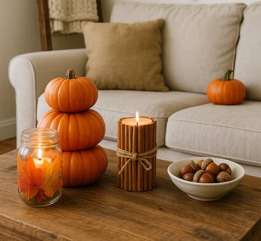 a cozy living room decorated for fall with a burlap ‘FALL’ banner, pinecone wreath, and chunky knit 