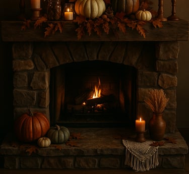rustic stone fireplace with a wooden mantel decorated in boho fall style, featuring a round mirror