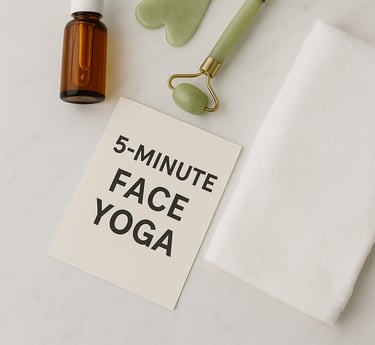 card labeled “5-Minute Face Yoga” on a white marble surface.