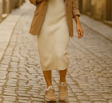 New Balance WL574 sneakers in soft beige suede with tonal details, chunky sole for comfort, photogra